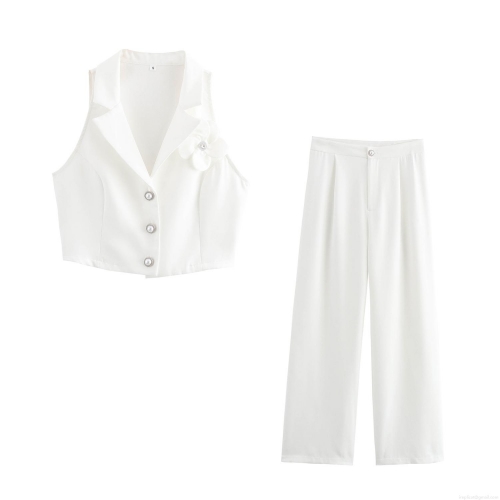 Women's Elegant 2 Piece Pants Set White Sleeveless Vest Top With 3D Flower Decoration High Waist Wide Leg Trousers Suit For Office Commuter Lady Fashion Outfit