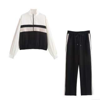 Women's Casual Two Piece Pants Set Polyester Color Block Stand Collar Zipper Sweatshirt And Elastic Waist Tracksuit Sportswear For Women