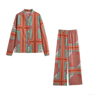 Women's 2 Piece Outfit Ethnic Print Shirt And Wide Leg Pants Set Long Sleeve Button Down Blouse High Waist Trousers Bohemian Retro Casual Streetwear Set