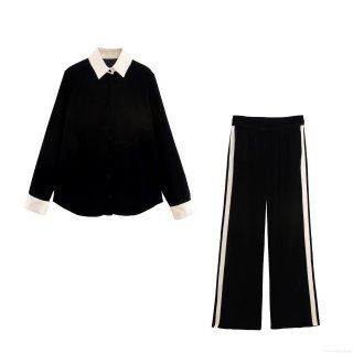 Women's Velvet Tracksuit 2 Piece Set Contrast Lapel Long Sleeve Shirt and Wide Leg Pants Side Stripe Sporty Casual Loungewear Set for Autumn Winter