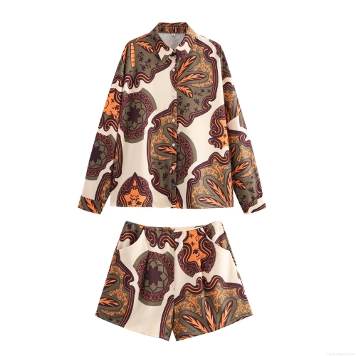 Women's 2 Piece Casual Set Bohemian Paisley Floral Print Long Sleeve Button Down Shirt and High Waist Shorts Loose Beach Vacation Outfits