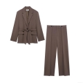 Women's Elegant Caramel 2-Piece Blazer Set Long Sleeve Tie-Waist Jacket and Wide-Leg Pants Professional Office Suit Polyester Formal Outfit