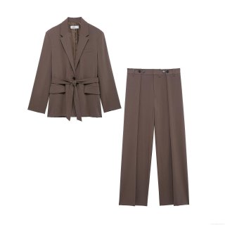 Women's Elegant Caramel 2-Piece Blazer Set Long Sleeve Tie-Waist Jacket and Wide-Leg Pants Professional Office Suit Polyester Formal Outfit