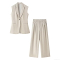 Women's Elegant 100% Polyester Woven Sleeveless Vest and High Waist Wide Leg Pants Two-Piece Set Solid Color Office Commuter Trouser Suit