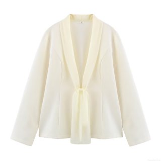 Women's 2 Piece Elegant Office Blazer Set With Chiffon Tie Neck Long Sleeve Blazer And Straight Leg Suit Pants Solid Color Business Professional Outfit For Women