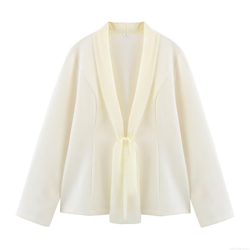 Women's 2 Piece Elegant Office Blazer Set With Chiffon Tie Neck Long Sleeve Blazer And Straight Leg Suit Pants Solid Color Business Professional Outfit For Women