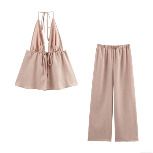 Women's Sexy Vacation Style Two-Piece Set Textured Halter Neck Backless Top and Loose Wide Leg Pants Summer Casual Outfits
