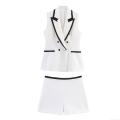 Women's Two Piece Set Contrast Trim Sleeveless Vest and Shorts Suit Double Breasted V-Neck Polyester Blend Elegant OL Style Office Commute Outfit For Ladies