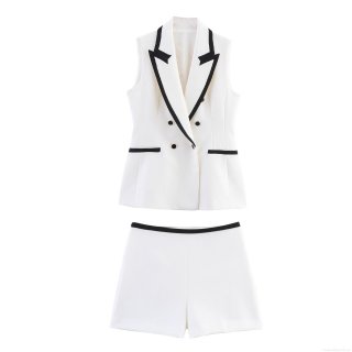 Women's Two Piece Set Contrast Trim Sleeveless Vest and Shorts Suit Double Breasted V-Neck Polyester Blend Elegant OL Style Office Commute Outfit For Ladies