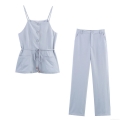 Women's Two Piece Pants Set Casual Sleeveless Camisole Top and Long Straight Trousers Solid Color Grey Blue Polyester Suit with Wood Beads and Button Decor for Commuting Holiday Summer Fashion