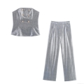 Women Sexy Sequin Plaid Two Piece Set Double Breasted Strapless Tube Top And High Waist Straight Leg Pants Party Clubwear Outfits