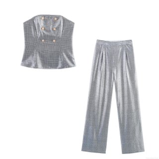 Women Sexy Sequin Plaid Two Piece Set Double Breasted Strapless Tube Top And High Waist Straight Leg Pants Party Clubwear Outfits