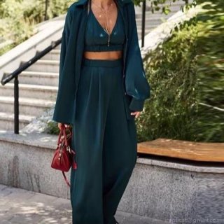 Women's 3-Piece Satin Lounge Set Sexy Crop Top High Waist Wide Leg Pants And Long Sleeve Shirt Casual Outfits For Vacation Resort Wear