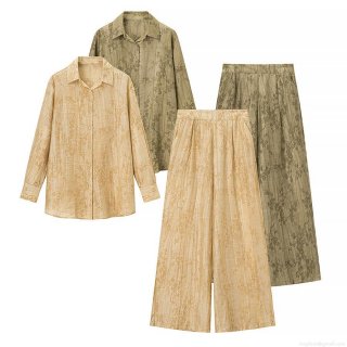 Women's Casual Jacquard Shirt Set 2 Piece Outfits Long Sleeve Button Down Shirt and Wide Leg Pants Floral Textured Sets for Vacation