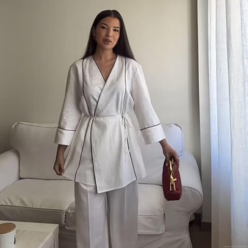 Women's 2 Piece Elegant Pant Set 100% Cotton Contrast Piping Long Sleeve V Neck Tied Top and Wide Leg Trousers Casual Loungewear Outfit