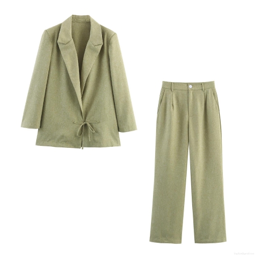Women's Two-Piece Pant Set Linen-Like Polyester Notch Lapel Belted Blazer Long Trousers Commuter Elegant Office Casual Outfit For Ladies