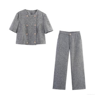 Women Elegant Tweed 2 Piece Pants Set Double Breasted Round Neck Short Sleeve Top And Straight Leg Trousers Business Office Commuter Suit