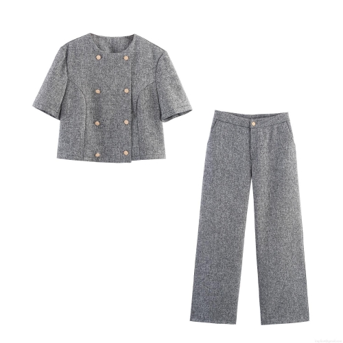 Women Elegant Tweed 2 Piece Pants Set Double Breasted Round Neck Short Sleeve Top And Straight Leg Trousers Business Office Commuter Suit