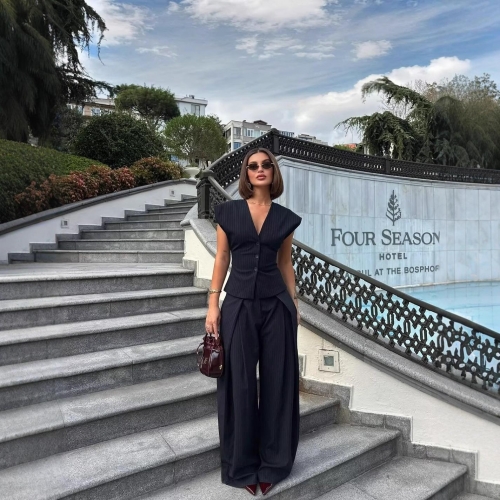 Women's V Neck Sleeveless Vest And Wide Leg Pants Two Piece Set Striped Solid Commuter Professional Office Lady Suit With Belt