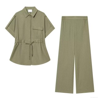 Women's 2-Piece Set Solid Color Lapel Short Sleeve Drawstring Shirt And Elastic High Waist Wide Leg Pants Casual Summer Streetwear Outfit