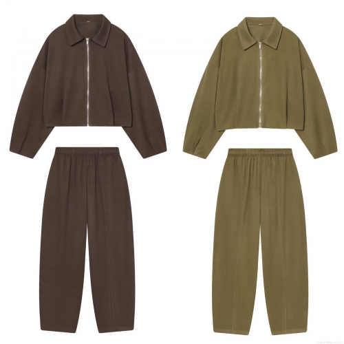 Women's 2-Piece Outfits Casual Zipper Lapel Jacket And Wide Leg Pants Set Solid Color Long Sleeve Loose Tracksuit For Autumn Winter