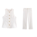 Women's Casual 2-Piece Pant Set Sleeveless Vest Top And Straight Leg Pants Outfit Polyester Woven Fabric With Gold Buttons For Work Office Streetwear Lady