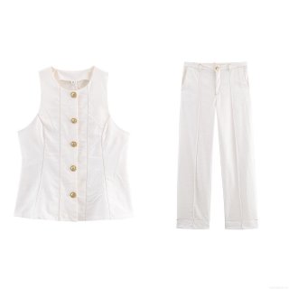 Women's Casual 2-Piece Pant Set Sleeveless Vest Top And Straight Leg Pants Outfit Polyester Woven Fabric With Gold Buttons For Work Office Streetwear Lady