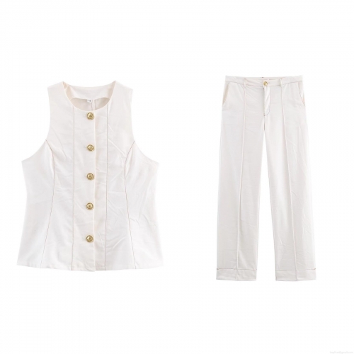 Women's Casual 2-Piece Pant Set Sleeveless Vest Top And Straight Leg Pants Outfit Polyester Woven Fabric With Gold Buttons For Work Office Streetwear Lady
