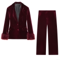 Elegant Wine Red Velvet Blazer Pants Two Piece Set For Women Vintage Luxury Velvet Suit With Feather Trim Cuffs Evening Party Outfit