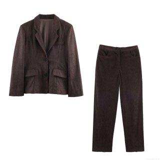 Women's Vintage Corduroy Suit Set Single Breasted Blazer And Straight Leg Pants 2 Piece Outfits For Work Office Casual Wear Autumn Winter