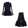 Women's 2-Piece Knitted Co-ord Set V-Neck Button Peplum Hem Long Sleeve Cardigan Top and Flare Leggings Pants Navy Blue Ribbed Knit Outfits For Daily Streetwear