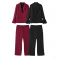 Women's Two Piece Suit Set Elegant Feather Trim Blazer Notched Lapel Single Breasted Jacket With High Waist Wide Leg Long Pants Solid Color Streetwear Office Party Outfits