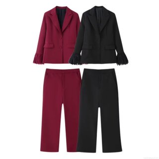Women's Two Piece Suit Set Elegant Feather Trim Blazer Notched Lapel Single Breasted Jacket With High Waist Wide Leg Long Pants Solid Color Streetwear Office Party Outfits
