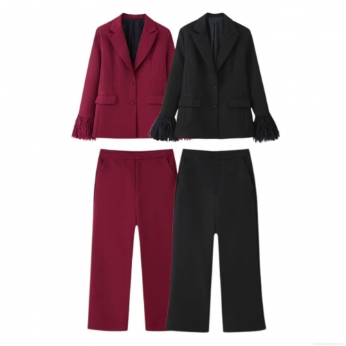 Women's Two Piece Suit Set Elegant Feather Trim Blazer Notched Lapel Single Breasted Jacket With High Waist Wide Leg Long Pants Solid Color Streetwear Office Party Outfits