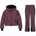 Women's Winter Hooded Polyester Padded Jacket and Flare Pants Set Wine Red Geometric Print Thick Warm Outdoor Ski Suit Two Piece Outfits