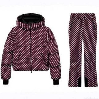 Women's Winter Hooded Polyester Padded Jacket and Flare Pants Set Wine Red Geometric Print Thick Warm Outdoor Ski Suit Two Piece Outfits