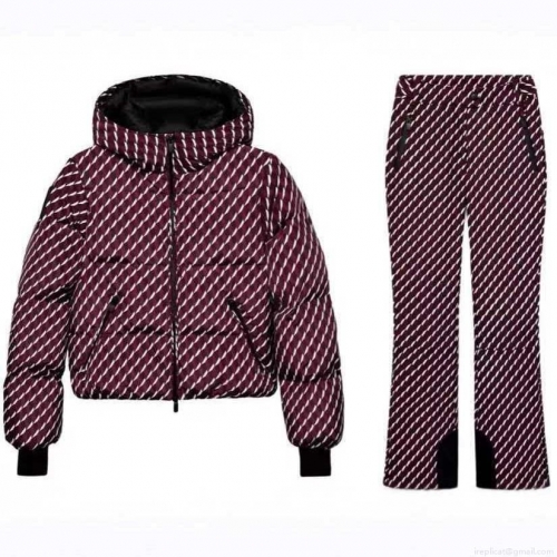 Women's Winter Hooded Polyester Padded Jacket and Flare Pants Set Wine Red Geometric Print Thick Warm Outdoor Ski Suit Two Piece Outfits
