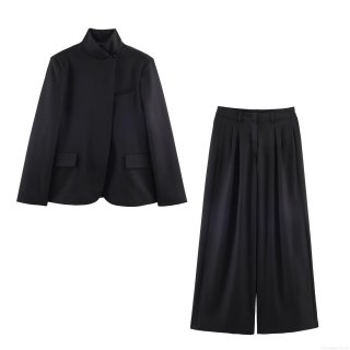 Women's Chic Two Piece Suit Set Asymmetric Stand Collar Blazer and High Waist Wide Leg Pants Streetwear Casual Office Outfit Polyester Solid Dark Gray