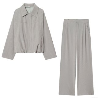 Women's Two Piece Set Grey Pinstripe Pilot Jacket And High Waist Wide Leg Pants Casual Street Style Spring Autumn Office Lady Outfit