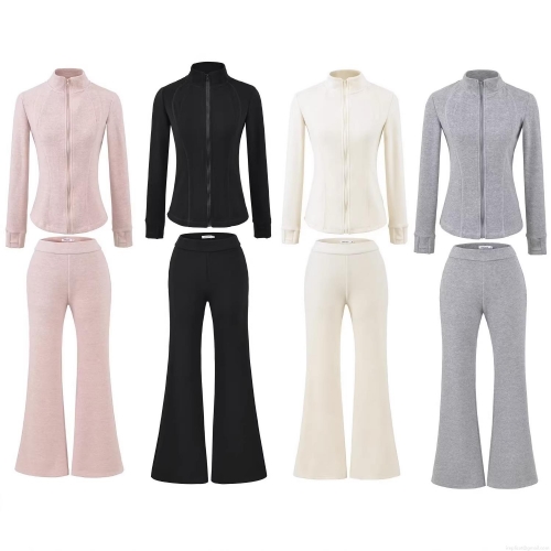 Women's 2-Piece Slim Fit Sports Tracksuit Set Rayon Blend Stand Collar Zipper Jacket and High Waist Flare Yoga Pants for Fitness Casual Streetwear Women