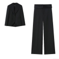 Women's 2-Piece Business Suit Set Single Button Irregular Hem Blazer With High Waist Wide Leg Trousers Belted Professional Office Wear Casual Outfits Polyester