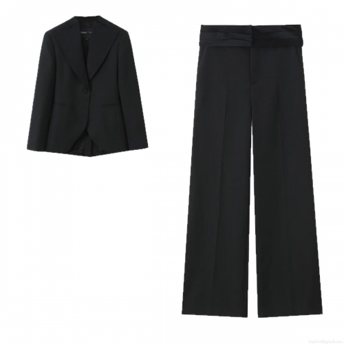Women's 2-Piece Business Suit Set Single Button Irregular Hem Blazer With High Waist Wide Leg Trousers Belted Professional Office Wear Casual Outfits Polyester