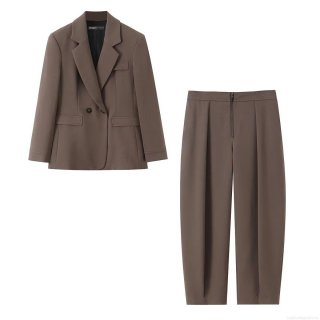 Women's Fashion Two-Piece Blazer Pants Set Polyester Double Breasted Padded Shoulder Blazer High Waist Wide Leg Trousers Mocha Brown Business Professional Outfit Suit