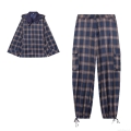 Women's Plaid 2 Piece Outfits Hooded Button Up Jacket And Cargo Pants Set Streetwear Casual Polyester Tracksuit Spring Autumn Clothing