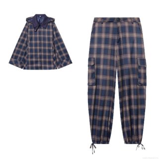 Women's Plaid 2 Piece Outfits Hooded Button Up Jacket And Cargo Pants Set Streetwear Casual Polyester Tracksuit Spring Autumn Clothing