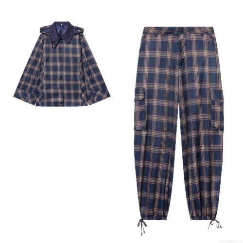 Women's Plaid 2 Piece Outfits Hooded Button Up Jacket And Cargo Pants Set Streetwear Casual Polyester Tracksuit Spring Autumn Clothing