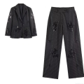 Women's Fashion Sequin Floral Embroidery Striped Blazer and Pants Set Elegant Notch Lapel Jacket Two Piece Suit Streetwear Business Casual Trousers Set
