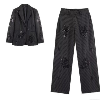 Women's Fashion Sequin Floral Embroidery Striped Blazer and Pants Set Elegant Notch Lapel Jacket Two Piece Suit Streetwear Business Casual Trousers Set