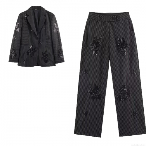 Women's Fashion Sequin Floral Embroidery Striped Blazer and Pants Set Elegant Notch Lapel Jacket Two Piece Suit Streetwear Business Casual Trousers Set