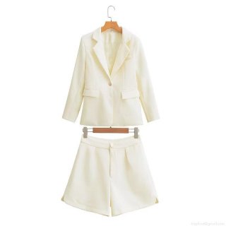 Women's Fashion Solid Color One Button Blazer With High Waist Shorts Set Long Sleeve Lapel Casual Streetwear Outfits Elegant Two Piece Co-ord Set Polyester